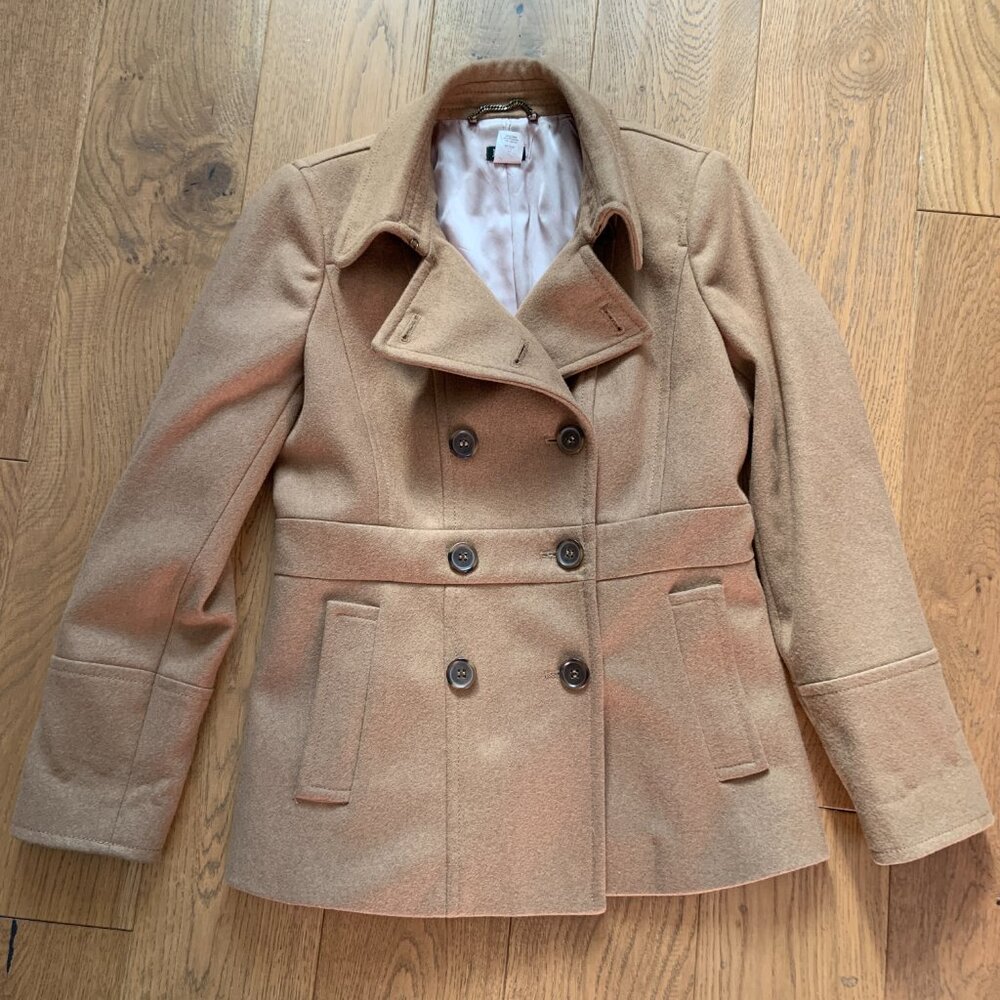 J crew Double Breasted Wool Blend Peacoat Brown Tan Camel Size 4